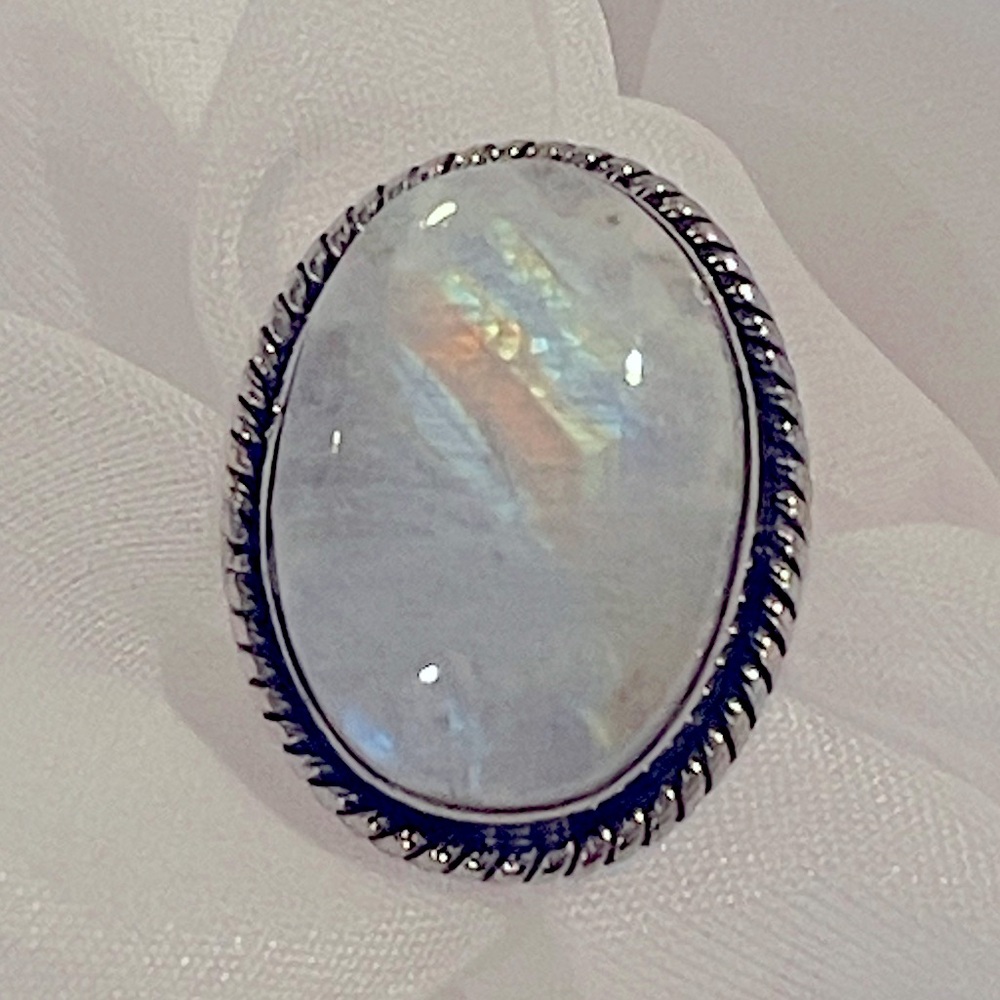 Classic Solid Sterling Silver Rainbow Moonstone Oval Ring with Textured Bezel